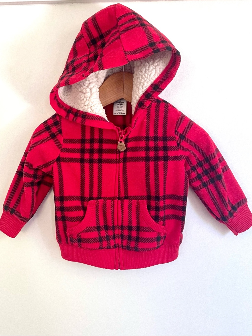 $6 š„NEW Carter's Fleece Zip-Up Hoodie Jacket, Sherpa Hood, Red Buffalo Plaid
